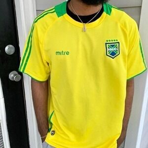 Mitre Brasil Soccer Jersey Mens Large Yellow Good Short Sleeve Striped Athletic